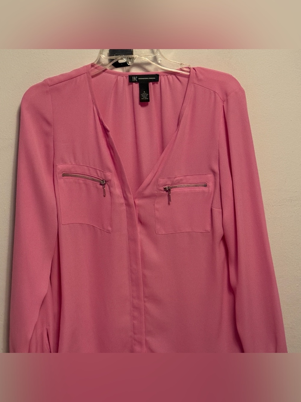 INC International Concepts Bright Pink V-Neck Blouse with Zip Pockets